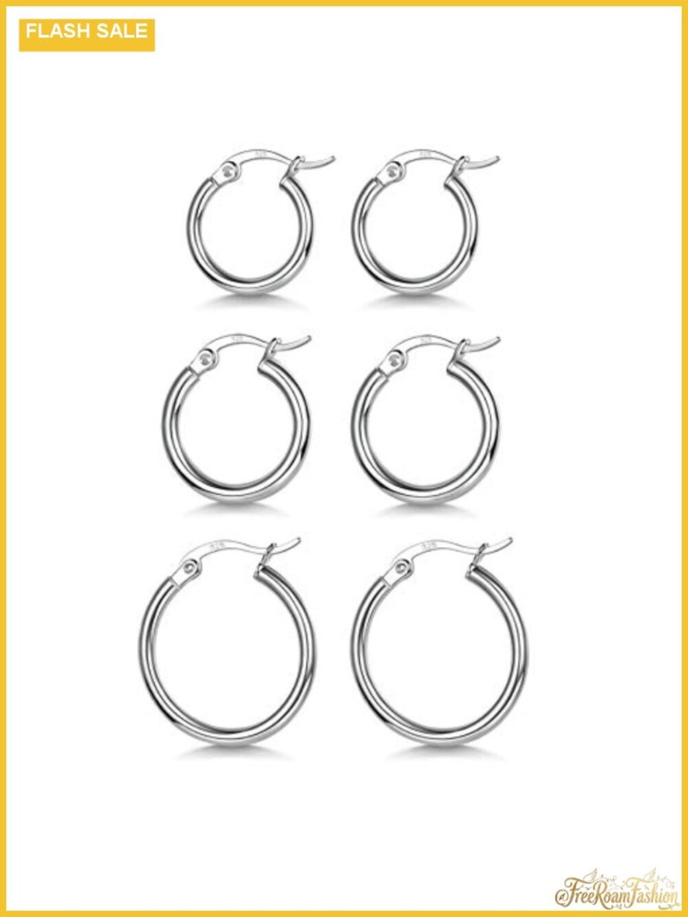 3 Pairs 925 Sterling Silver Hoop Earrings White Gold Plated Small Hoops Women's